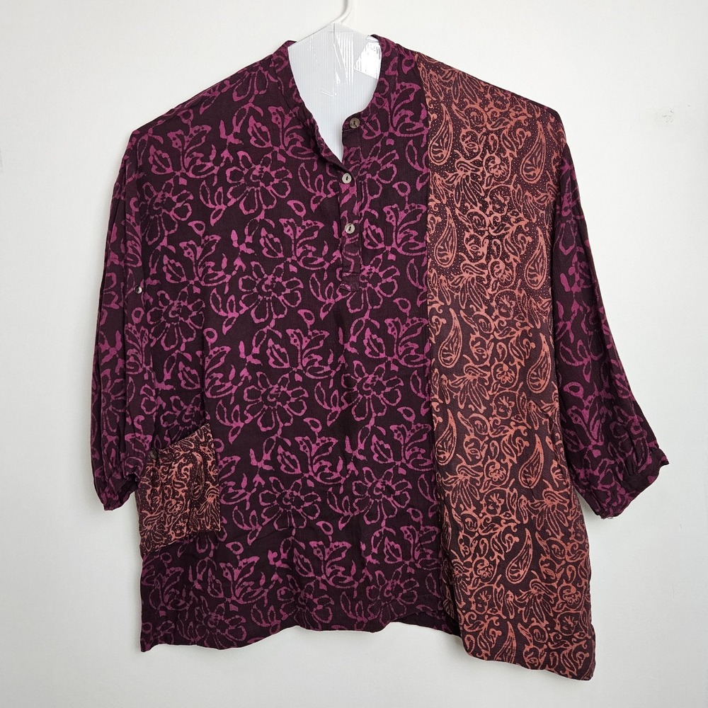 Marketplace Handwork Of India Size 3W Shirt Purple‎ Paisley Embroidered Cotton
